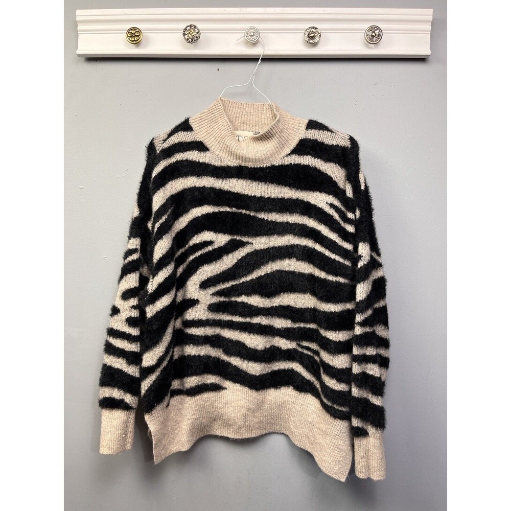 Twine and String‎ Sweater Womens Medium Black Tan Zebra Mock Neck Fuzzy MFS1457